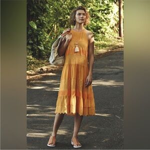 Anthropologie HD in Paris Villanella Mango Yellow Tiered Lace Dress s